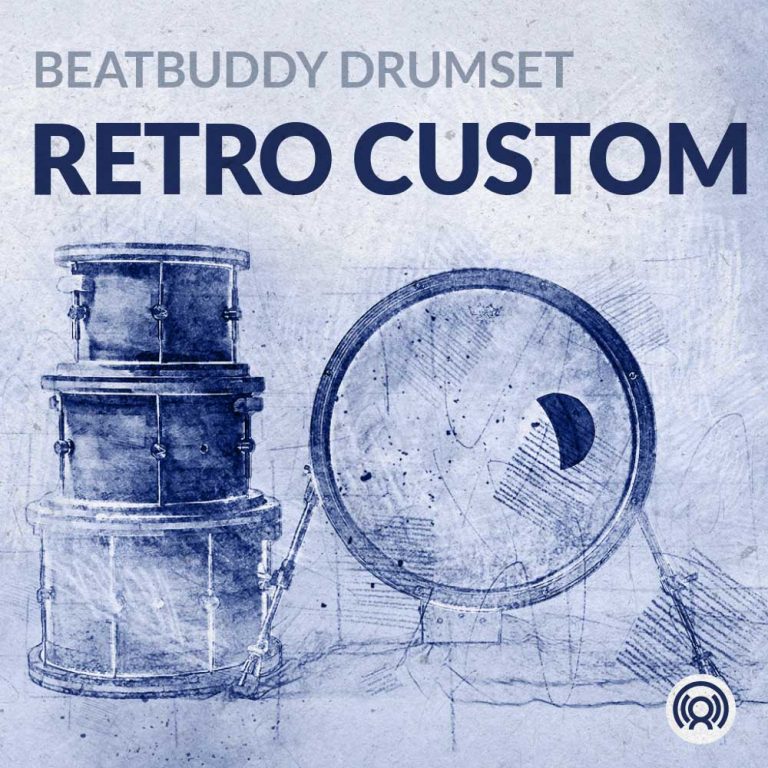 Retro Custom drumset artwork shows three custom-made toms stacked up on each other on the left with a kick drum on the right.